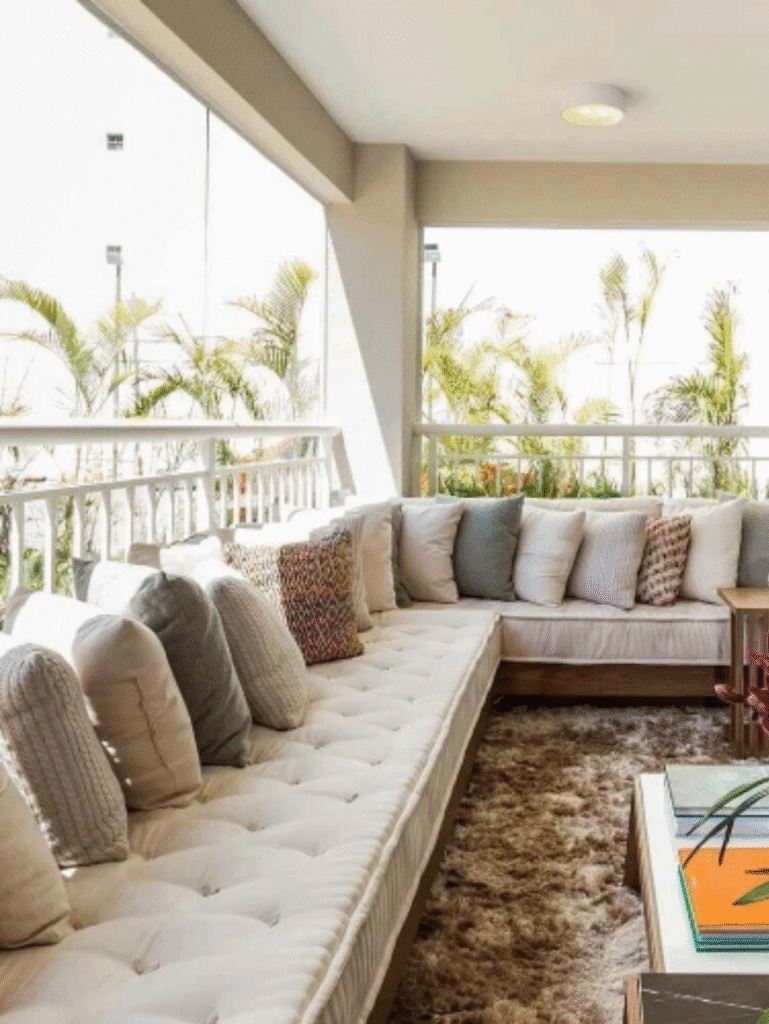 Minimalist living room with plush pillows and modern decor
