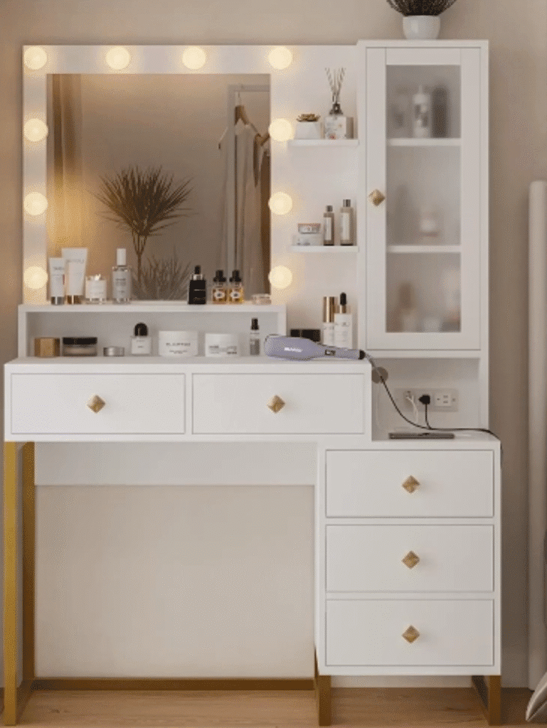 Modern bedroom vanity with lights, storage, and elegant design